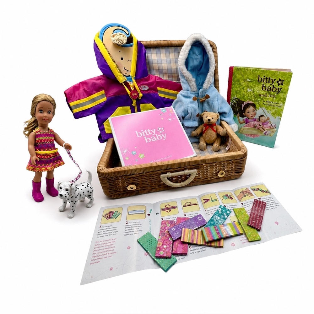 American Girl Bitty Baby Wicker Case Outfit Lot NIB Dress Bear Book Rare